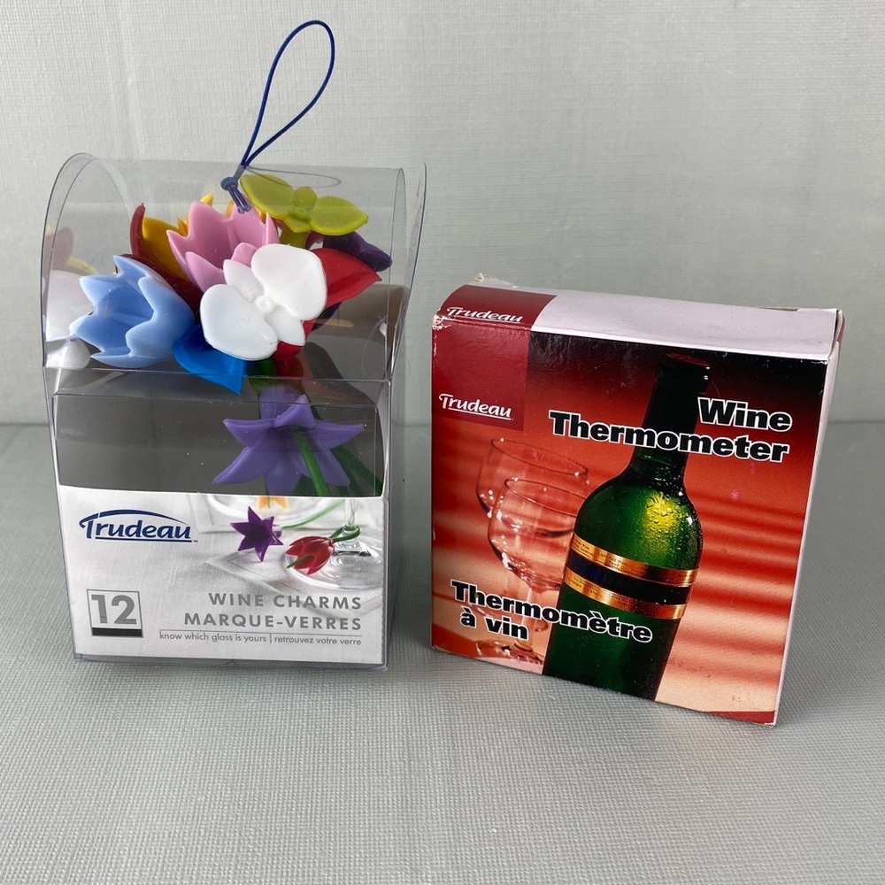 Trudeau Wine Set: Bottle Thermometer and 12 Silicone Flower Wine Charms NEW